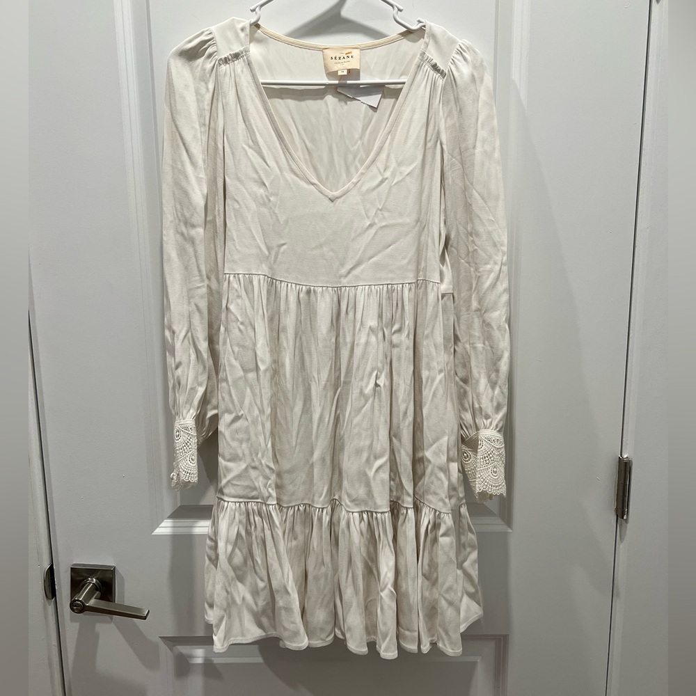 Sezane Mini Dress with Lace Sleeve Detail